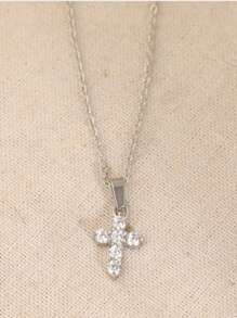 1pc Fashionable Cubic Zirconia Cross Stainless Steel Pendant Necklace, Suitable For Daily Wear, Party And Casual