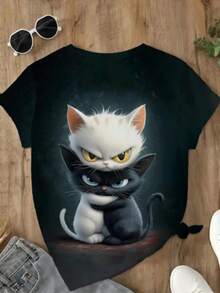 Women's Round Neck T-Shirt With Retro Animal Design Print, Fashion Colorful Cats Print T-Shirt For Women, Casual Short Sleeve T-Shirt, Promotion Women's Tops, Comfort For All Seasons - 黑色 - 查看 2