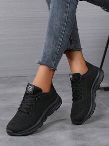 Women's Casual Running Sneakers, Breathable Mesh, Comfortable Non-Slip Knit - Black - View 19