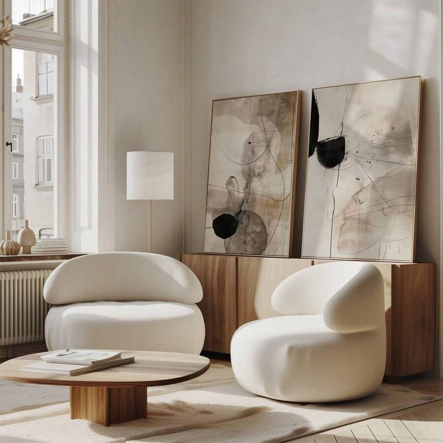 Set Of 2 Abstract Black Beige Wall Art Prints, Minimalistic Art Poster, Industrial Fashion Wall Art, Minimalist Abstract, Japandi Art, No Frame - Multicolor - View 1