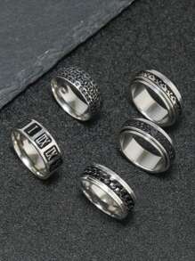 5 件不锈钢戒指男士珠宝复古风格可旋转链条焦虑戒指适合日常佩戴男友礼物