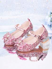 Zapatos de princesa para niñas, bailarinas de moda versátiles para niños, zapatos de pasarela de color plateado para actuaciones, zapatos de tacón alto con decoración de lazo para niñas pequeñas, zapatos brillantes con cristales - Rosa - Ver 6