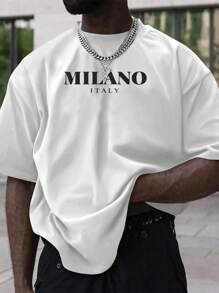 Magliette a maniche corte da uomo con vestibilità ampia, stampa "Milano Italia", stile casual, vestibilità oversize, abbigliamento estivo, moda streetwear, in comodo cotone, per uso quotidiano, con stampa grafica a caratteri sul girocollo, regalo per il fidanzato