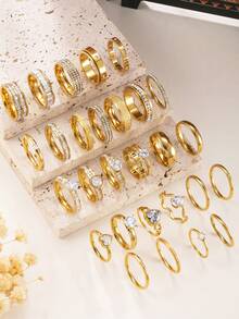 3/6/9/12/14/16/20/26pcs Minimalist Elegant Stainless Steel Women Rhinestone Mixed Batch Rings, Suitable For Men & Women, Daily Matching, Festivals, Engagements, Weddings, Gifts For Lovers, Friends, Family, Random Styles & Sizes