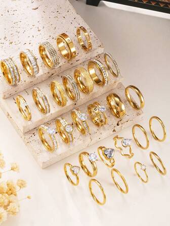 3/6/9/12/14/16/20/26 st minimalistiska eleganta rostfria stålringar för kvinnor med strass i blandade batcher, lämpliga för män och kvinnor, daglig matchning, festivaler, förlovningar, bröllop, presenter till älskare, vänner, familj, slumpmässiga stilar och storlekar