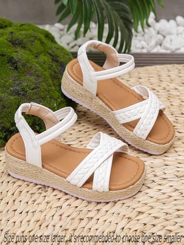 1 Pair White Sandals For Teenage Girls & Girls (Run Big One Size), Fashion Square Toe Criss-Cross Strap Thick Sole Beach Sandals, Summer Woven Rope Comfortable And Lightweight Children Shoes, Suitable For School And Daily Wear