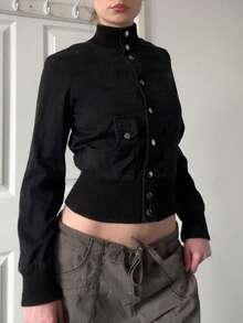 黑色单排扣立领女士休闲长袖外套，复古Y2K风格开衫，适合秋冬季穿着 - 黑色 - 查看 1