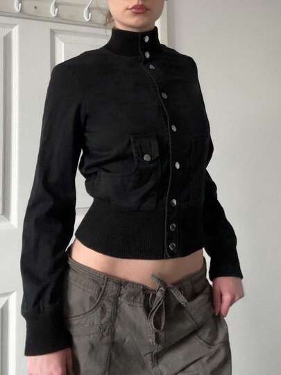 Black Single-Breasted Stand-Up Jacket Women Casual Full Sleeve Coats Vintage 2000s Outwear Y2k Outfits Autumn Cardigan