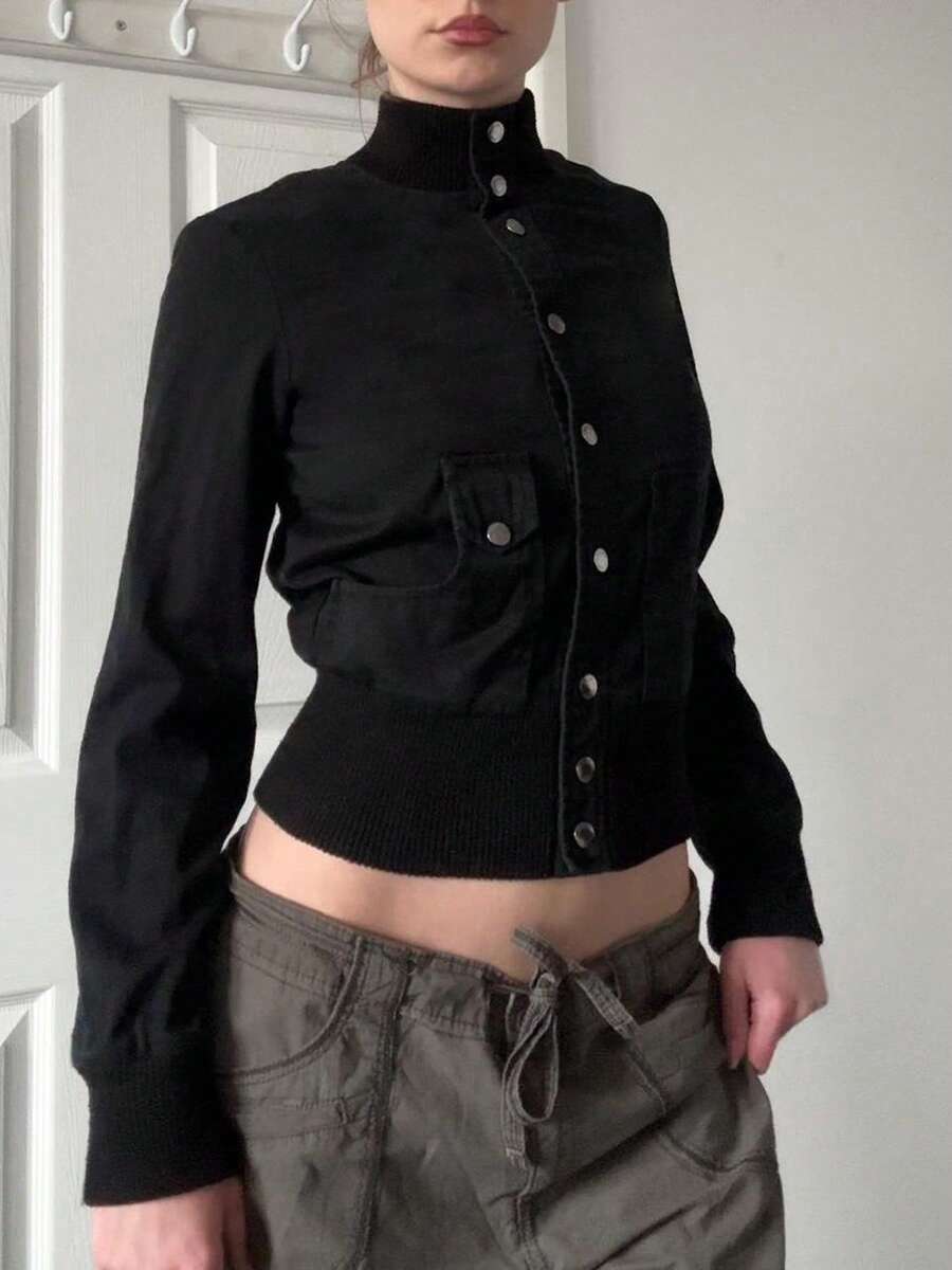 黑色单排扣立领女士休闲长袖外套，复古Y2K风格开衫，适合秋冬季穿着 - 黑色 - 查看 1