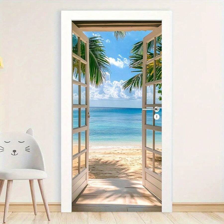 1/2pcs Blue Sky & Seascape Door Decal - Removable Self-Adhesive Tropical Beach Mural With Palm Trees & Ocean View, High-Quality Paper Suitable For Doors & Windows, Easy To Apply Home Decor, Plastic Surface Sticker Wall Stickers Wall Sticker Stickers Room Decor