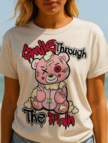 Vian Lanman Women's Summer Casual Soft Cotton Crew Neck Short Sleeve T-Shirt,Smile Through The Pain Bear Graphic.White - 白色 - 查看 1