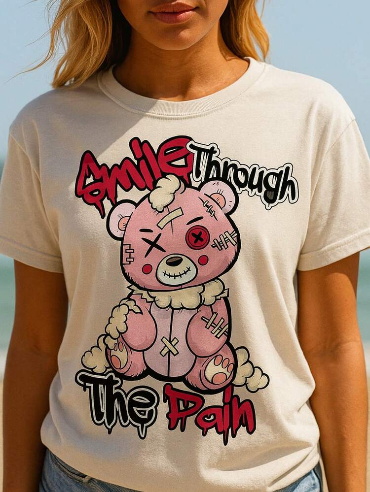 Vian Lanman Women's Summer Casual Soft Cotton Crew Neck Short Sleeve T-Shirt,Smile Through The Pain Bear Graphic.White - 白色 - 查看 1
