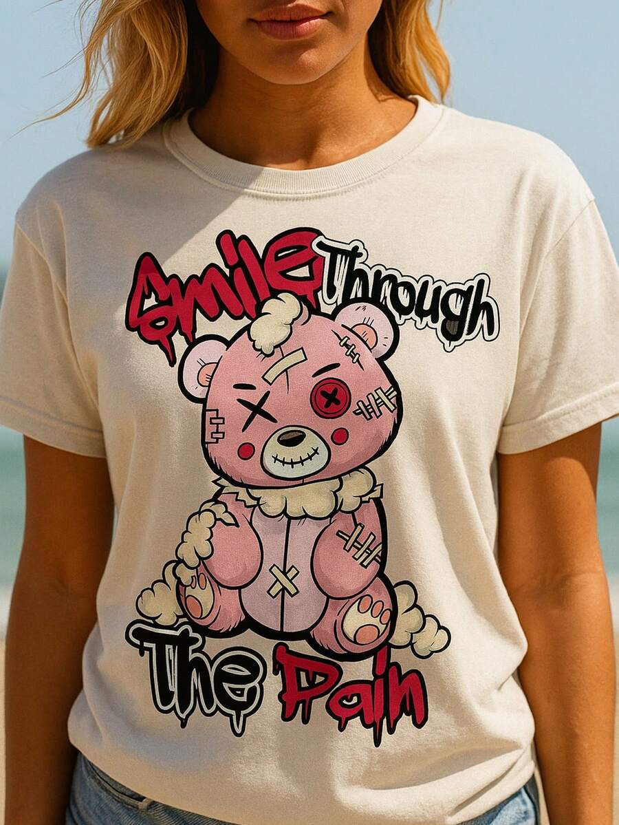 Vian Lanman Women's Summer Casual Soft Cotton Crew Neck Short Sleeve T-Shirt,Smile Through The Pain Bear Graphic.White - 白色 - 查看 1