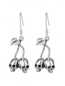 Cercei din argint 925 cu craniu și cireșe, ediție limitată de Halloween, bijuterii din argint pur în stil gotic Lolita, cercei hipoalergenici cu șurub, cadou amuzant pentru iubită/cea mai bună prietenă, stil cutie aleatorie
