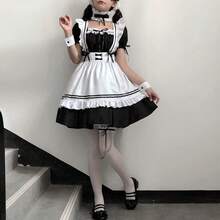 Anime French Maid Apron Lolita Masquerade Costume Gloves Socks Set - 黑色 - 查看 4