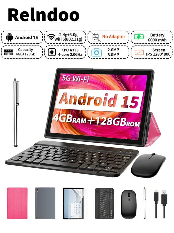Relndoo 2025 Android 15 Tablet, 2-In-1 Tablets With Keyboard And Mouse,(4GB+8GB)RAM+128GB ROM,10 Inch Tablet With Laptop Case, Stylus, Data Cable,1280*800px HD Touchscreen, 2MP+8MP Dual Camera, A333 Quad-Core 2.0 GHz, 6000mAh Battery, Supports 1TB SD Expansion, 802.11n Wifi 2.4G/5G Wireless, GPS, Certified Tablet PC-Pink