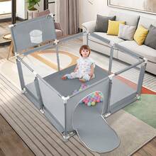 Parque infantil de 180 x 120 cm, con base, modular, plegable, grande, con puerta con cremallera, 50 pelotas, aro de baloncesto y 8 ventosas (126 x 126 x 66 cm, gris oscuro/azul marino/negro/gris claro) - Gris oscuro 1 - Ver 4