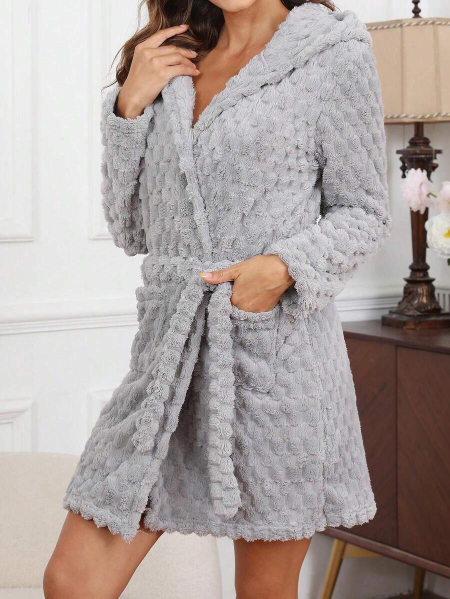 Furry Hooded Waist Tie Casual Sleepwear Fluffy Robe, Fall Winter, Cozy Outfits - Grey - View 1