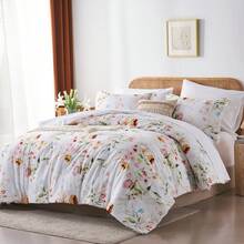 7-Piece Floral Print Fashionable Printed Bed Comforter Set, Queen Size, Soft, Comfortable And Durable Summer Bedding Set, Hotel Room Decor, Holiday Gift, Including 1 Comforter, 1 Flat Sheet, 2 Pillowcases, 2 Pillowshams, 1 Fitted Sheet - 白色 - 查看 2