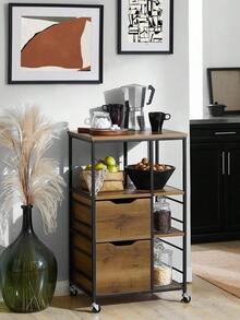 SoBuy Kitchen Trolley Cart Kitchen Storage Trolley Serving Trolley White And Natural W53 X D37 X H89cm FKW111-WN - 棕色 - 查看 1