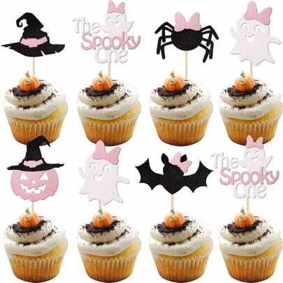 24 peças de topo para cupcake de Halloween assustador, rosa, preto, glitter, morcego, abóbora, aranha, chapéu de bruxa, escolhas assustadoras para cupcakes, tema de Halloween, chá de bebê, 1º aniversário, decoração de bolo, suprimentos