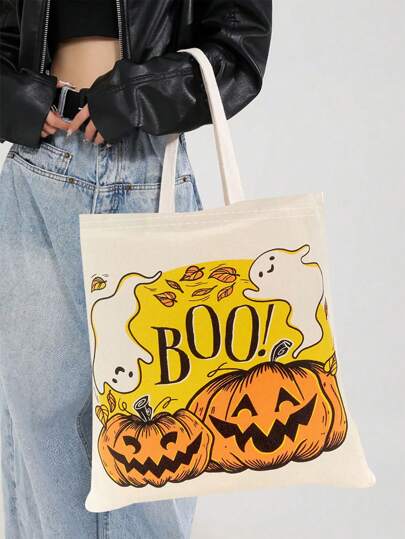 1/3 piezas, Bolsa de tela con impresión doble cara de "BOO" y calabaza y castillo encantado, bolsa de lona con diseño de tema de terror de dibujos animados, estilo gótico oscuro, adecuada para uso doméstico, compras, viajes, escuela, regalos, de 16 in * 14 in, bolsas perfectas para fiestas de Halloween a juego con disfraces de Halloween