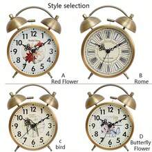 1 件复古风格创意时钟，双铃闹钟，电镀金属工艺，数字台钟，适合家庭卧室客厅装饰（不含电池） - 金色 - 查看 11