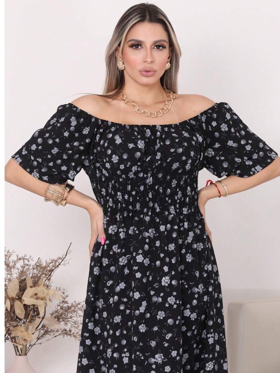 Women's Long Midi Dress With Puffer Sleeves And  Frills, Off-The-Shoulder, Tres Marias Floral - BUNGA HITAM - View 1