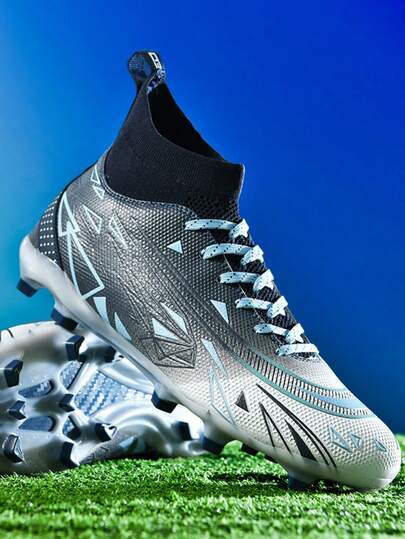 Fashionable Couples' Blue Studded High-Top Soccer Shoes, Sports Sneakers