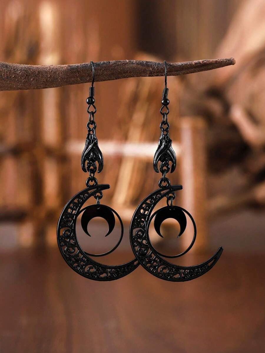 1 Đôi bông tai mặt dây chuyền hình trăng lưỡi liềm rỗng màu đen kiểu Gothic, bông tai Halloween, bông tai trăng lưỡi liềm thanh lịch, trang sức Gothic, unisex