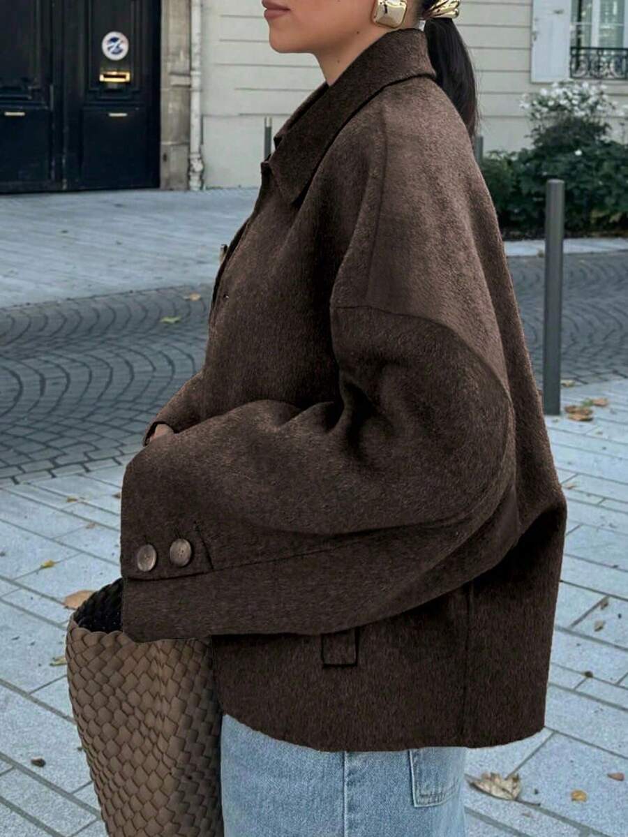 女士时尚休闲法式单排扣短款宽松领羊毛大衣 - 咖啡棕 - 查看 1