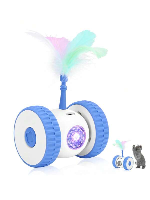 New Interactive Cat Toys Smart Sensing Automatic Moving Rolling Cat Toy With Color Light And Feathers Wand USB Cat Playing Toys