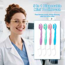 Cepillo de dientes y hilo dental 5 en 1, 26 mini cepillos de dientes con pasta de dientes, cuidado oral completo para llevar, cepillo mini 5 en 1, pasta de dientes e hilo dental, set de cepillos de dientes desechables para viaje - Multicolor - Ver 2