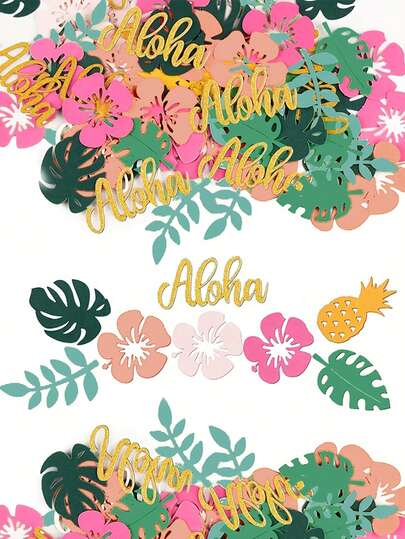 100/200 chiếc đồ trang trí bàn tiệc Hawaiian Luau Confetti, hoa nhiệt đới, lá, dứa, đồ trang trí bàn tiệc Aloha Hawaiian Luau