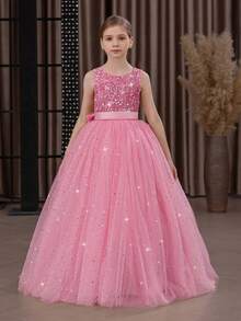 Tween Girl Sequin 3D Bow Tulle Christmas Party Pink Elegant Dress, Princess Dress Suitable For Girls Dresses Birthday Party, Teenage Prom, Flower Girl Wedding, Thanksgiving, Graduation - Pink - View 5
