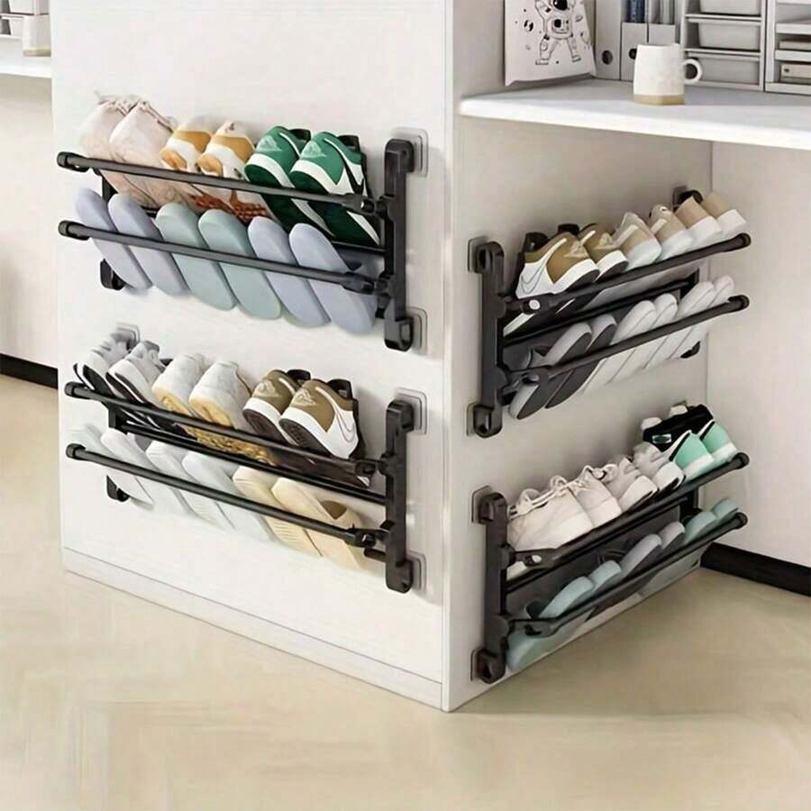 1pc Space-Saving Wall-Mounted Shoe Organizer | Polyester Fabric | Multi-Tier Design For Shoes & Slippers | Easy Install With Adhesive Strips | Compact Storage For Home & Bathroom | Ideal Wardrobe Solution, Shoe Storage Organizer - màu đen - Xem 1