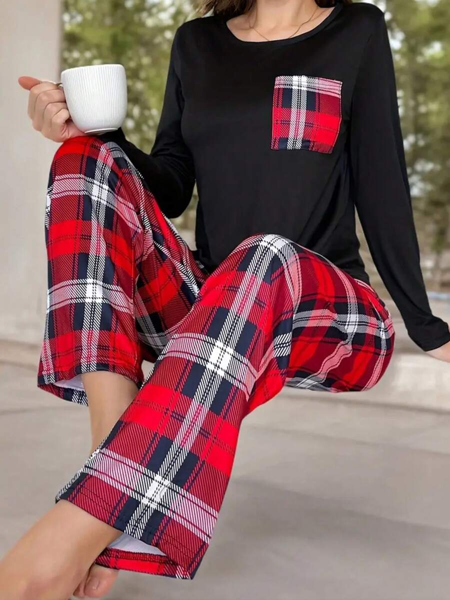 بيجامة نسائية مكونة من ملابس علوية بأكمام طويلة وجيب وبنطال مربعات، ملابس نوم للخريف والشتاء - الأسود - مشاهدة 1