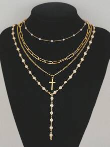 4pcs Elegant Luxurious Sexy Women Friendship Flower Gold Tone Cross Faux Pearl Necklace Set, Layered Long Necklaces For Daily, Party, Wedding Occasions