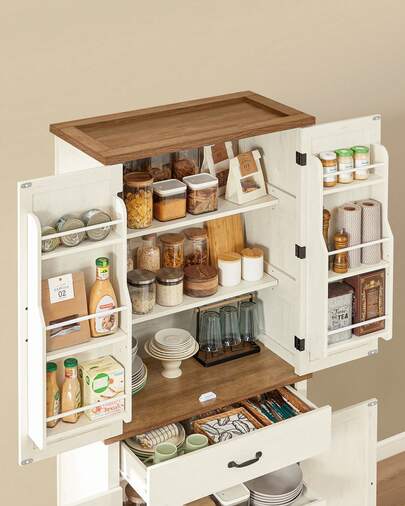 VASAGLE Credenza, Mobile da Cucina Alto 178,6 cm con Ante in Stile Fienile, Cassetto, Vassoio, Ripiani Regolabili, Dispensa per Cucina Sala da Pranzo, Bianco Vintage