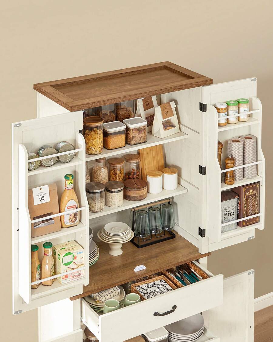 VASAGLE Credenza, Mobile da Cucina Alto 178,6 cm con Ante in Stile Fienile, Cassetto, Vassoio, Ripiani Regolabili, Dispensa per Cucina Sala da Pranzo, Bianco Vintage - Bianco - Visualizzare 1
