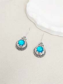 1 对波西米亚风格圆形海蓝宝石锆石雕刻吊坠耳环，适合女性日常、派对、旅行珠宝礼物 - 銀色 - 查看 10