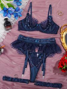 女士性感内衣网眼透视吊带背心 3 件套 - 藏藍 - 查看 7