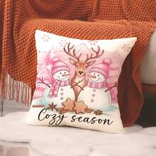 4pcs Christmas Theme Pillow Covers, Pink Letter Print Snowman & Reindeer Pattern, Farmhouse Style Polyester Fabric Zippered Single-Sided Print Cushion Covers, Pillow Inserts Not Included, Winter, Christmas Holiday Home Decor, Suitable For Sofa, Bed, Chair, Bedroom, Living Room, Patio Decoration