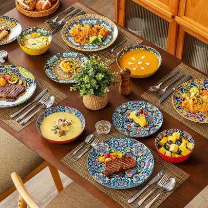vancasso 24 Pieces Dinnerware Set, Multicolour Set, Polychrome, Porcelain Dinnerware, Plates, Bowls And Mugs Set For 6 Person, Ceramic Stamping In Bohemian Style