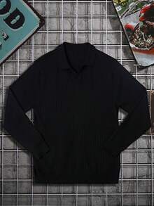 Men's Long Sleeve Ribbed Knit Polo Shirt, Simple & Fashionable, Suitable For Commuting, Spring & Autumn