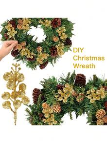 16pcs-Christmas Glitter Berries Stems , Artificial Red Berry Branches Holly Picks Stems,7.8 Inch Artificial Christmas Picks For Christmas Tree Ornaments, DIY Xmas Wreath, Crafts, Holiday And Home Decor, Gold