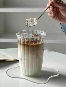 1PC 420ml 14.2oz Vertical Stripes Glass Cup, Flower Shaped Water Cup, Iced Coffee Cups, Drinking Cups, Transparent Glass Cup, Portable And Simple Style Water Cup, Reusable High-Quality Coffee & Juice Cup, Multi Functional Beverage Container, Perfect For Home, Office, Beach, All Kinds Of Parties, Suitable For Cold Drinks, Coffee, Juices, Whiskey, Milk, Iced Americano And Latte Drinks, Drinking Glass ﻿