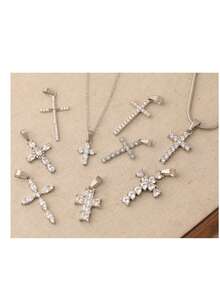 1pc Fashionable Cubic Zirconia Cross Stainless Steel Pendant Necklace, Suitable For Daily Wear, Party And Casual