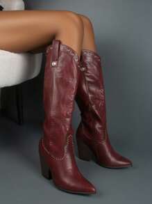 Tropiscape 女士西部牛仔靴 性感过膝刺绣红色时尚拉链西部靴 套穿尖头粗跟乡村长靴 圣诞礼物 - 酒紅色 - 查看 10