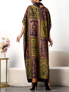 女士纯色撞色印花优雅长袖长袍阿巴雅，端庄卡夫坦长袍，阿拉伯连衣裙，优雅高贵，适合秋季和春季穿着。 - 黃色 - 查看 6